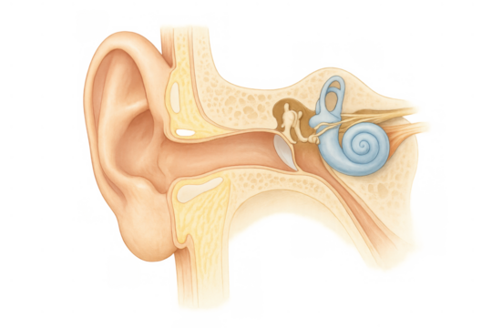 Human ear anatomy cross-section illustrating structures of outer, middle, and inner ear, depicting cochlea and eardrum, transparent background