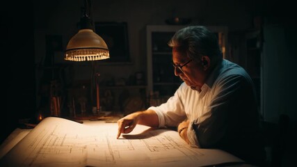 Elderly man architect studying blueprint drawing under warm lamp in workshop, focused contemplative thoughtful plans - Powered by Adobe