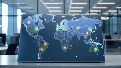 A modern laptop displays a digital world map with highlighted locations, set in a contemporary office environment.