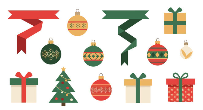Colorful Christmas decorations ribbons baubles gifts  tree illustrations on white backdrop