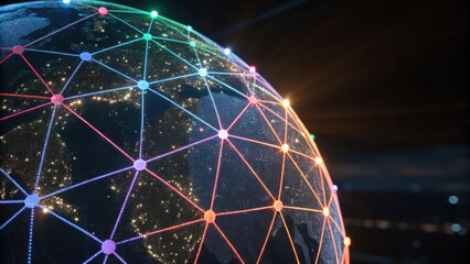 A digital globe illuminated by colorful connections, representing global networks and communication, with vibrant lights highlighting different regions.