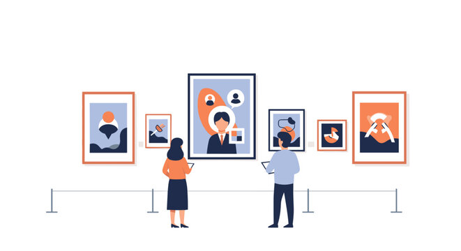 Man and woman in a modern art gallery viewing portraits and abstract pieces related to business profiles and communication concepts.