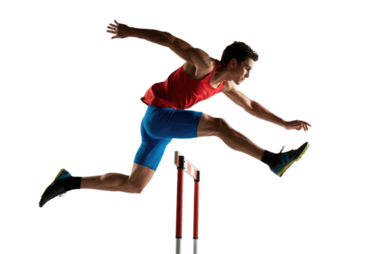 A male athlete in red and blue hurdles over an obstacle, demonstrating agility and speed in a track and field event. background removed - Powered by Adobe