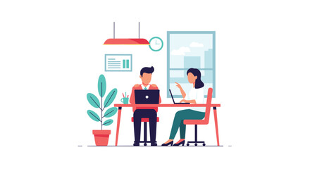 Two colleagues, a man and a woman, working collaboratively on their laptops at a shared desk in a modern office space.