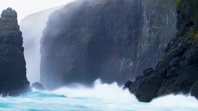 Misty cliffs meet crashing waves