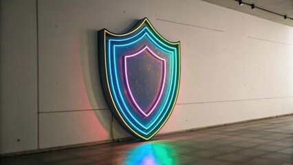 A vibrant neon shield design displayed on a wall, showcasing colorful lights and a futuristic aesthetic in a modern space.