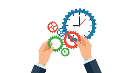 Hands assembling clock gears, illustrating time management, productivity, efficiency, and the mechanics of a working business process.