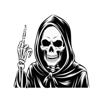 Grim reaper skeleton figure wearing a hood and raising a finger