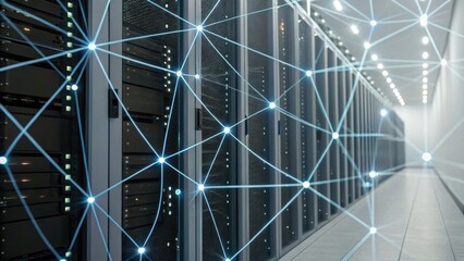 A modern data center featuring server racks and interconnected nodes represented by glowing lines, illustrating advanced technology and network systems.