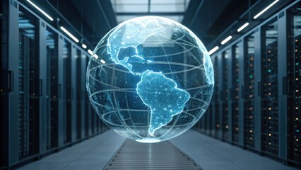 A futuristic representation of a holographic globe floating in a server room, symbolizing global connectivity and advanced technology.