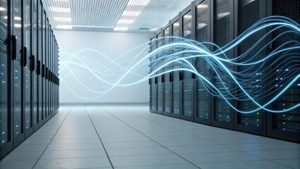 Fototapeta premium A modern data center with rows of servers and digital data flow visualizations, representing technology and information management.