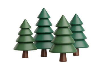 Fototapeta premium A group of four simple 3D green evergreen trees, featuring a clean, cartoonish style. Perfect for nature-themed designs or festive visuals. background removed