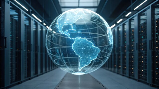 A futuristic representation of a holographic globe floating in a server room, symbolizing global connectivity and advanced technology. - Powered by Adobe