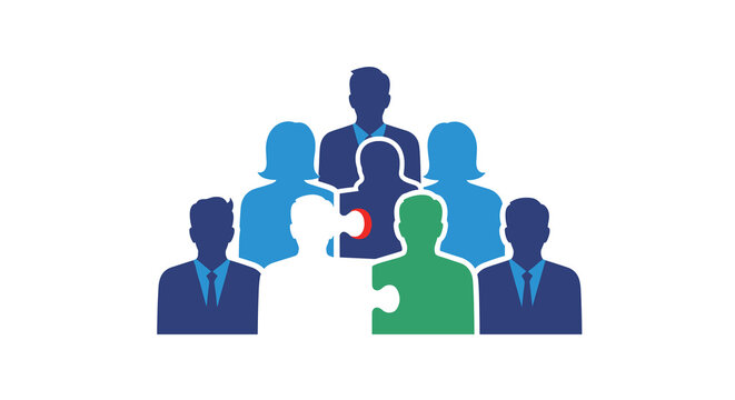Team building concept showing a group of diverse professionals as puzzle pieces, with one new member completing the team.