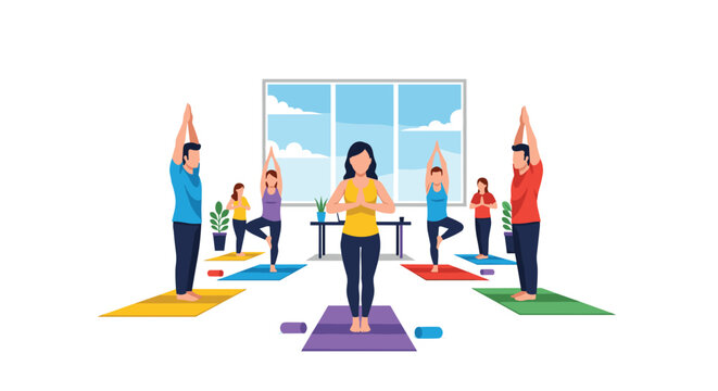 Group of diverse people participating in a yoga class led by a female instructor, promoting wellness and active relaxation. - Powered by Adobe