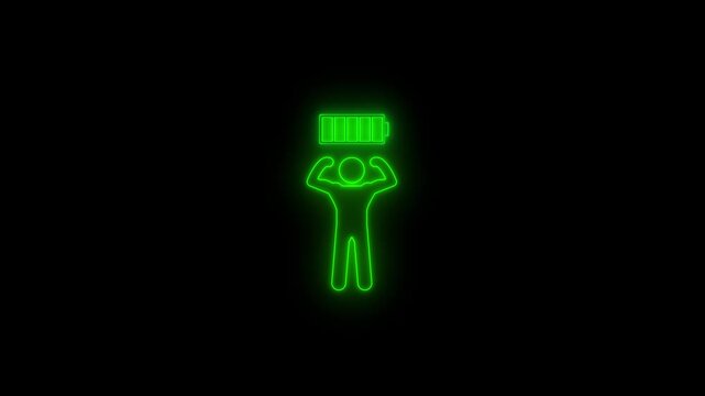 Neon green silhouette of a strong person flexing muscles with a full battery icon above head on black background representing energy power vitality and success