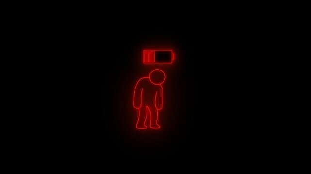 Red neon outline of a slumped figure with a nearly empty battery icon above its head on a black background representing exhaustion burnout low energy depletion and mental fatigue