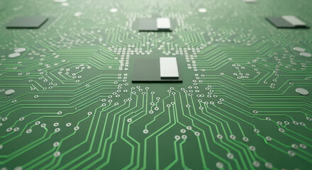 Close up of green circuit board with chips