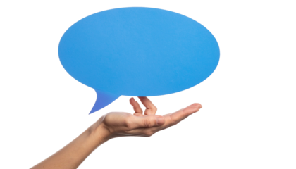 A hand holding a blue speech bubble, representing communication and dialogue. It's a visual metaphor for sharing ideas and thoughts
