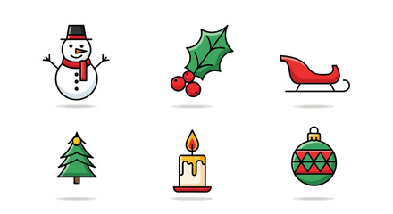 Icons of snowman holly sleigh tree candle ornament on white