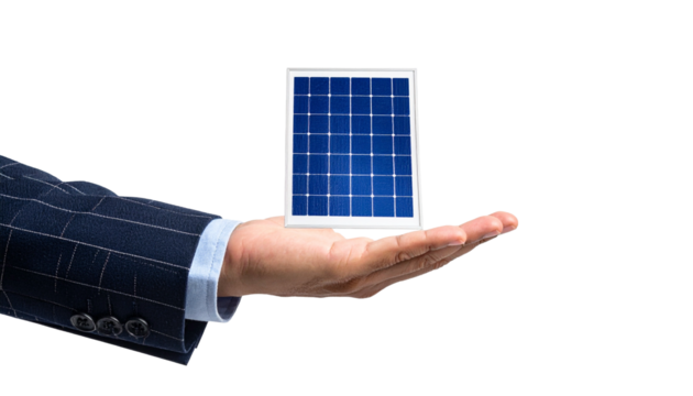A person holding a solar panel in their hand showcasing renewable energy