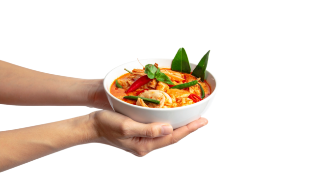 A person carefully holds a bowl of delicious curry with garnishing. The curry appears rich, flavorful, and freshly prepared.