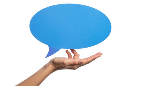 A hand holding a blue speech bubble, representing communication and dialogue. It's a visual metaphor for sharing ideas and thoughts