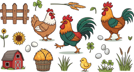 Charming farm animals rooster chicken hen chick sunflower barn fence wheat grass and eggs collection art isolated on transparent background