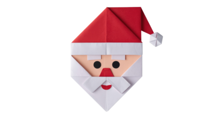A charming origami Santa Claus face featuring a red hat, white beard, and black eyes on a solid transparent background. background removed
