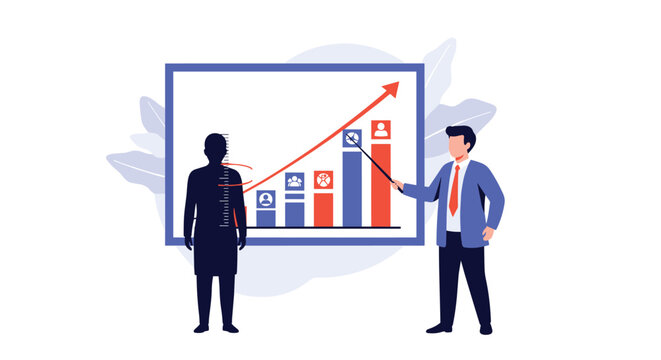 Manager pointing to a rising bar chart during a presentation, with a human silhouette showing internal structure for analysis.