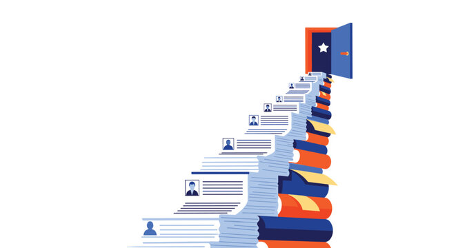 Stairway made of resumes and books leading to an open door with a star, symbolizing the career path to a dream job.