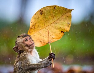 Young Monkey Sheltering from Rain Under Large Yellow Leaf in Nature