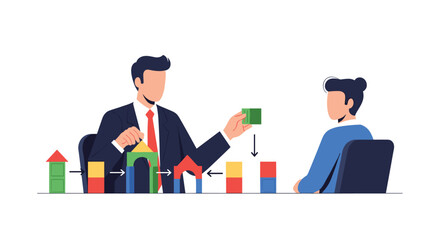 Male mentor teaching a female employee about process and structure by demonstrating with a sequence of colorful building blocks.