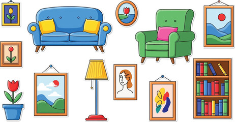 Cozy living room furniture and artwork featuring sofa armchair bookshelf lamp and pictures isolated on transparent background