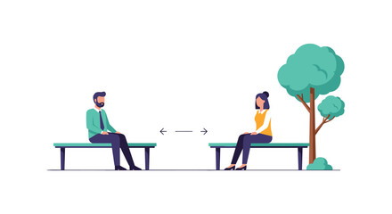 Man and woman practicing social distancing by sitting on separate benches in a park, with an arrow indicating the space between.