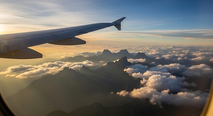 Obraz premium Airplane Wing Over Clouds - A Journey Through the Sky.