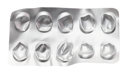 Empty medicine aluminum foil silver blister packaging isolated clipping path on white background