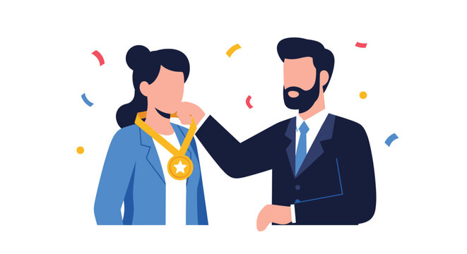 Male manager awarding a gold medal to a female employee as a form of recognition for her outstanding achievement and success.