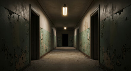 Mysterious old corridor with dim lighting and ancient stone walls