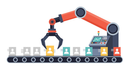 Fototapeta premium Robotic arm on a conveyor belt selecting a specific candidate icon, illustrating automation in the recruitment and HR process.