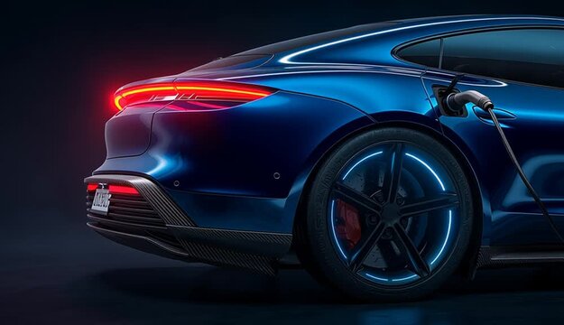 Modern blue electric sports car charging with cable plugged in, close-up side view of rear quarter panel, glowing blue LED accent lighting on wheel rim, red illuminated taillight, carbon fiber rear 