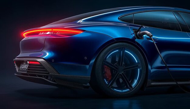 Modern blue electric sports car charging with cable plugged in, close-up side view of rear quarter panel, glowing blue LED accent lighting on wheel rim, red illuminated taillight, carbon fiber rear 