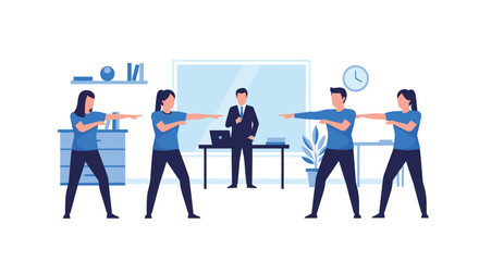 Office employees participating in a morning fitness routine or corporate wellness program, stretching together with a manager.