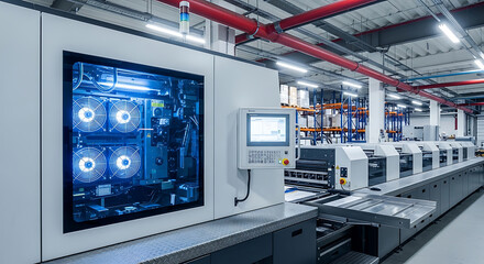 High-Tech Printing Press: A Modern Offset Machine in an Industrial Factory Setting Offering Precision and Efficiency for Mass Production Printing Solutions (Side View)