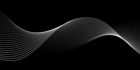 Flowing dots particles wave pattern 3D curve halftone white curve shape isolated on black background. Vector in concept of technology, science, music, modern.Print