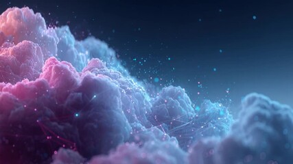 Abstract cloudscape with glowing particles, interconnected lines, and a gradient of colors against dark - Powered by Adobe