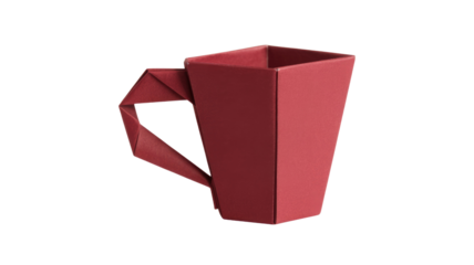 A red origami-style paper mug with a distinct folded handle, presented on a solid transparent background, highlighting its unique geometric design. background removed