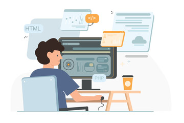 Vector illustration of software developer. Cartoon scene, an IT specialist writes code in programming languages and creates structure and content of web pages isolated on white background.