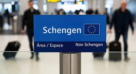 Schengen area sign at airport with travelers in background   