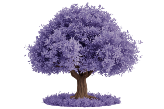 A vibrant purple-leafed tree stands with a robust brown trunk, surrounded by matching purple foliage. Isolated on a solid background, it's a striking natural element. background removed